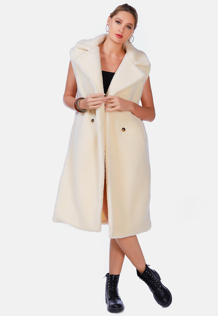 sleeveless double breasted teddy coat#color_cream