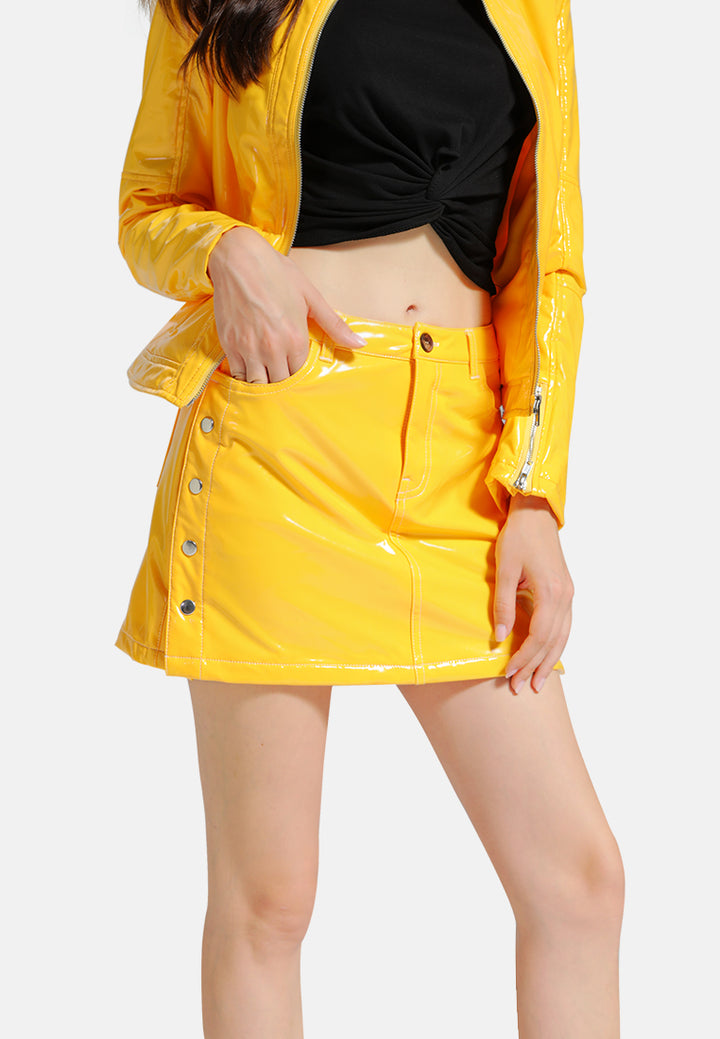 slithering bright side button faux leather mini skirt#color_mustard