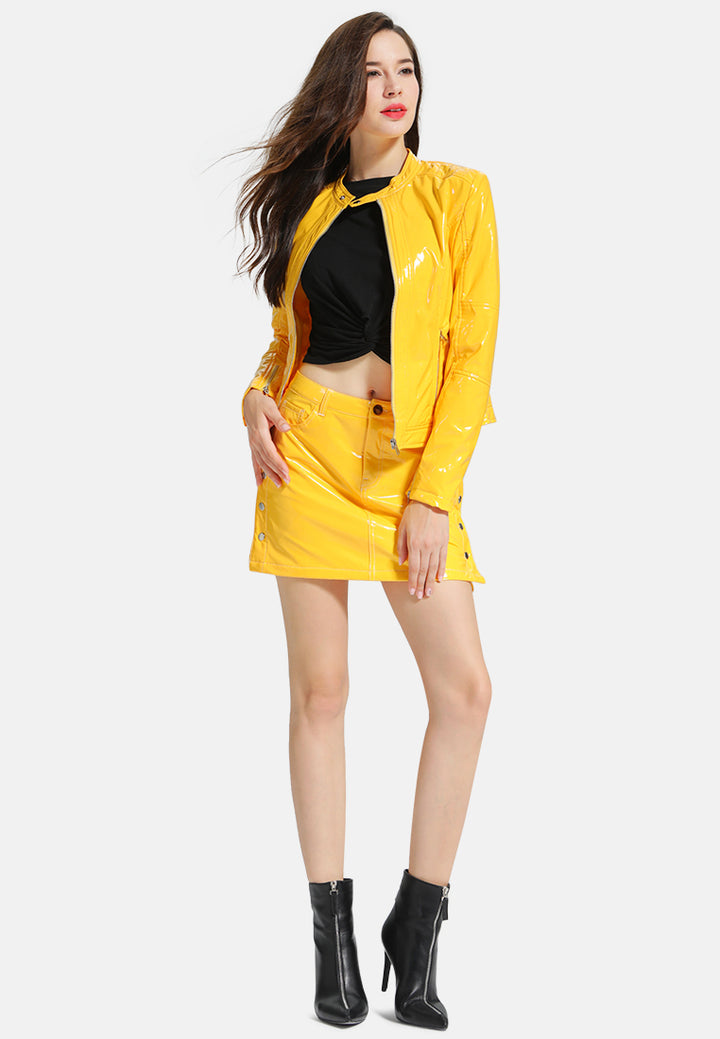 slithering bright side button faux leather mini skirt#color_mustard