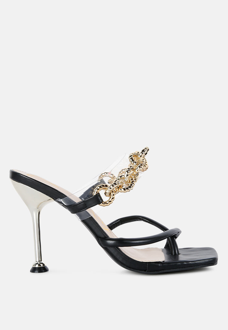 social bee link chain embellished heel sandals#color_black