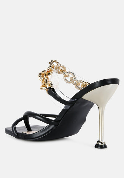 social bee link chain embellished heel sandals#color_black