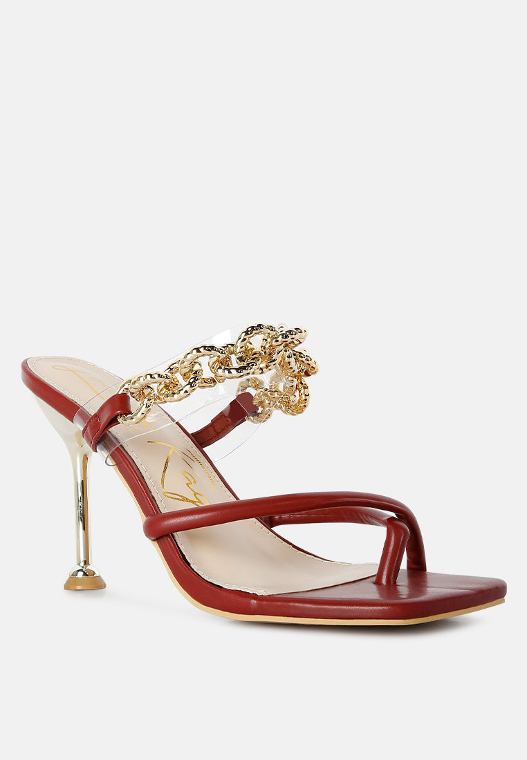 social bee link chain embellished heel sandals#color_burgundy