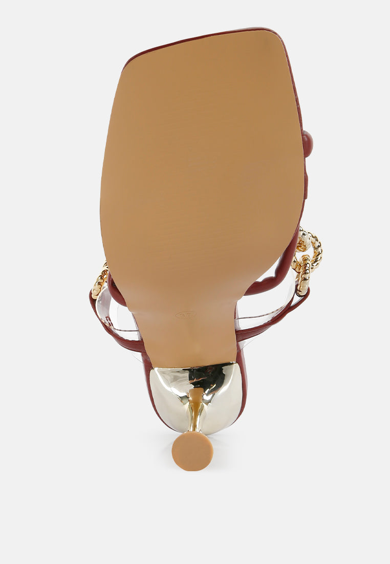 social bee link chain embellished heel sandals#color_burgundy