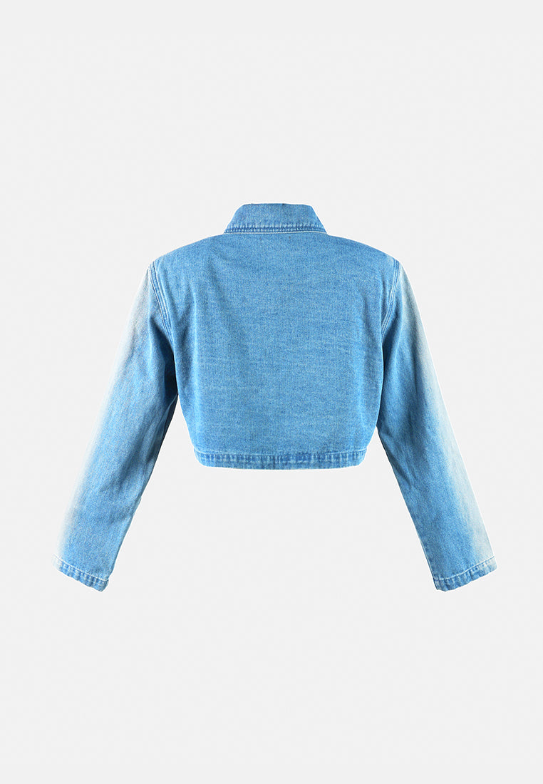 solid shoulder padded denim jacket#color_mid-blue