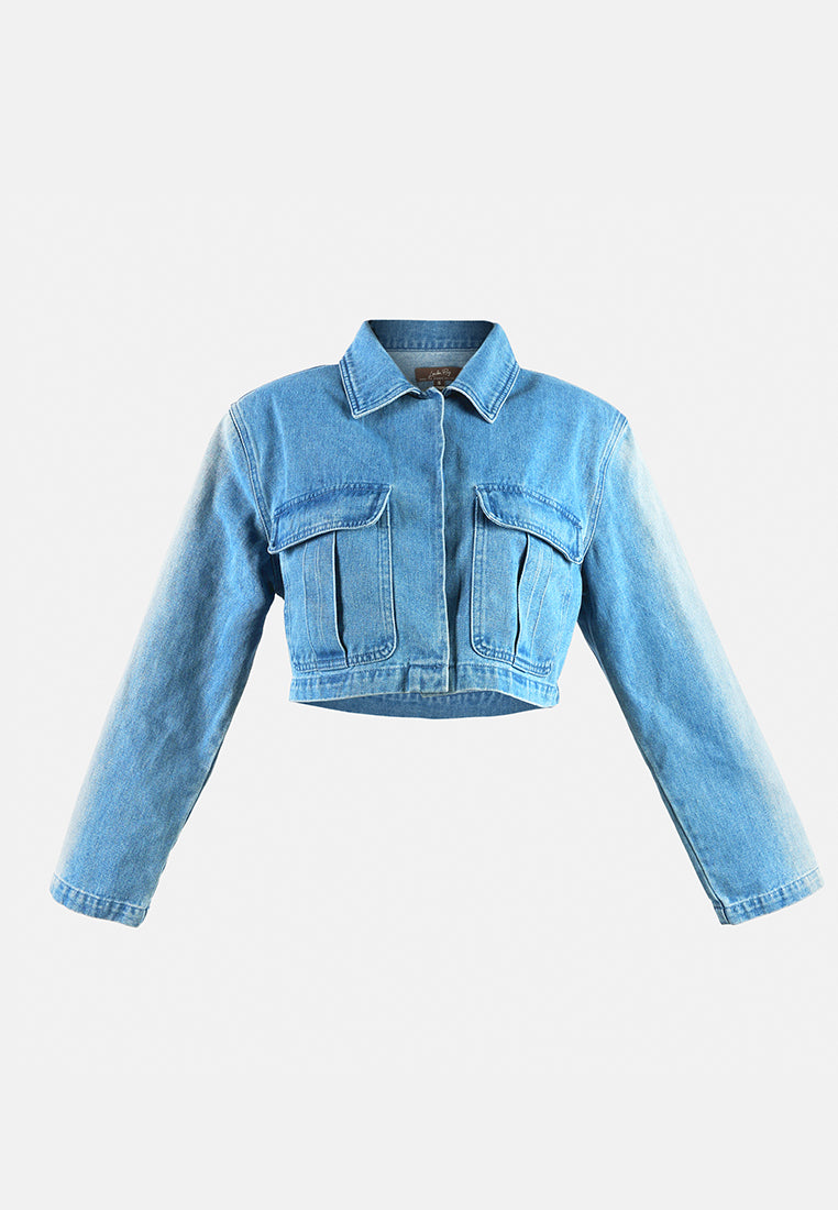solid shoulder padded denim jacket#color_mid-blue