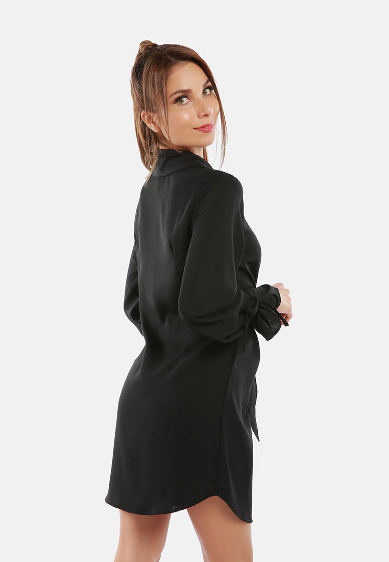 solid black cut out mini shirt dress#color_black