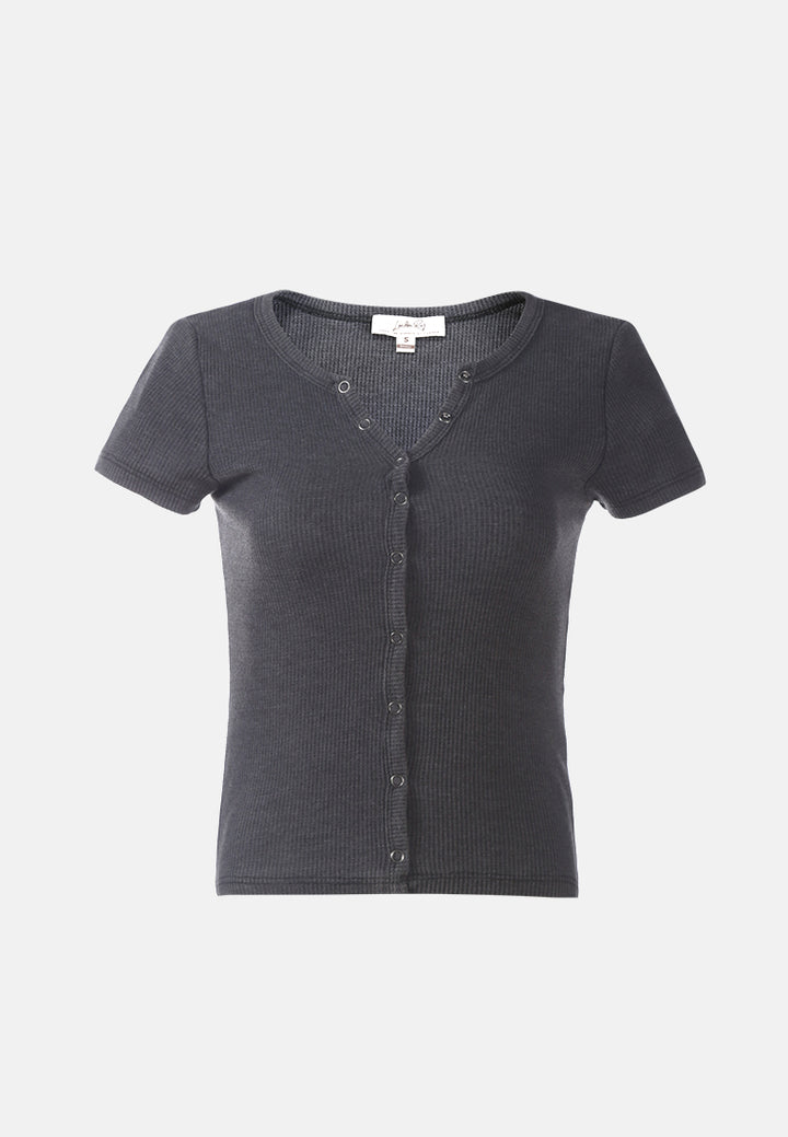 solid button up knitted top#color_black