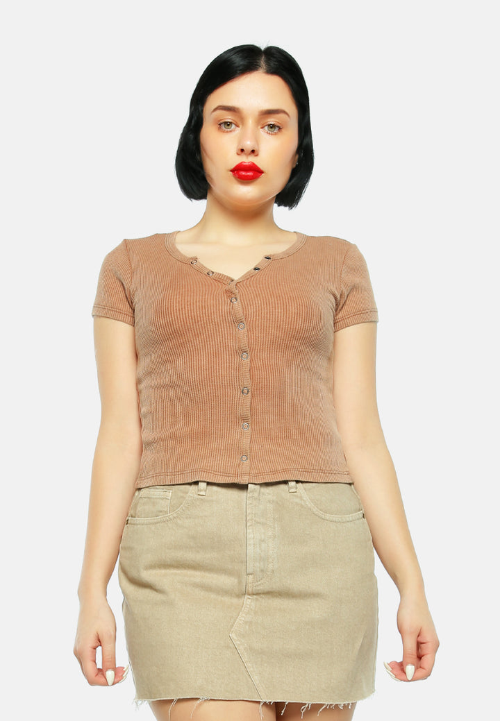 solid button up knitted top#color_brown