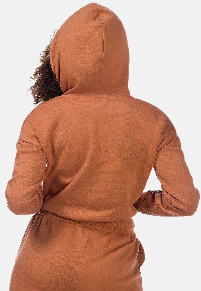 solid cropped drawstring hoodie#color_brown