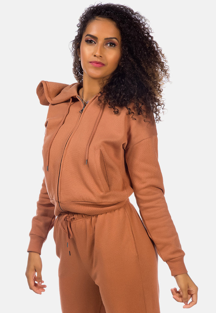 solid cropped drawstring hoodie#color_brown