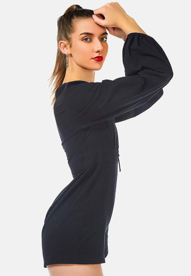 solid knitted romper with pockets#color_black
