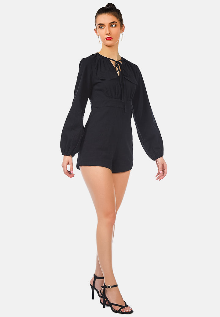 solid knitted romper with pockets#color_black