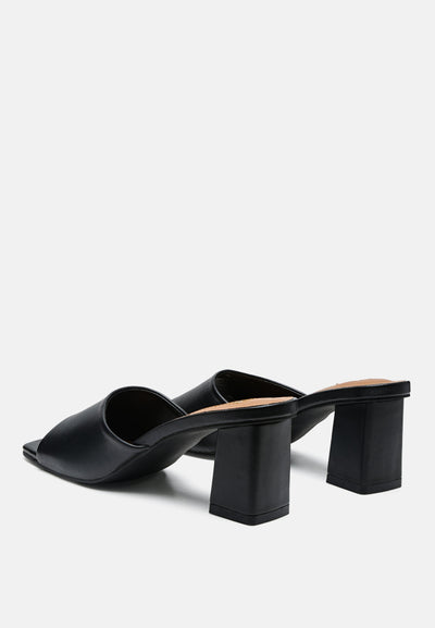 square toe faux leather slip on block heels#color_black