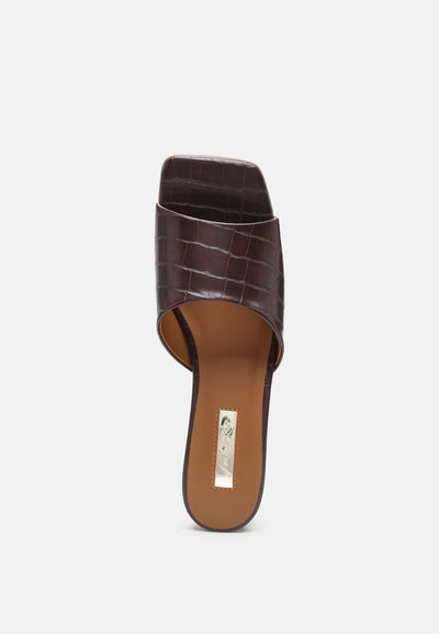 square toe faux leather slip on block heels#color_chocolate