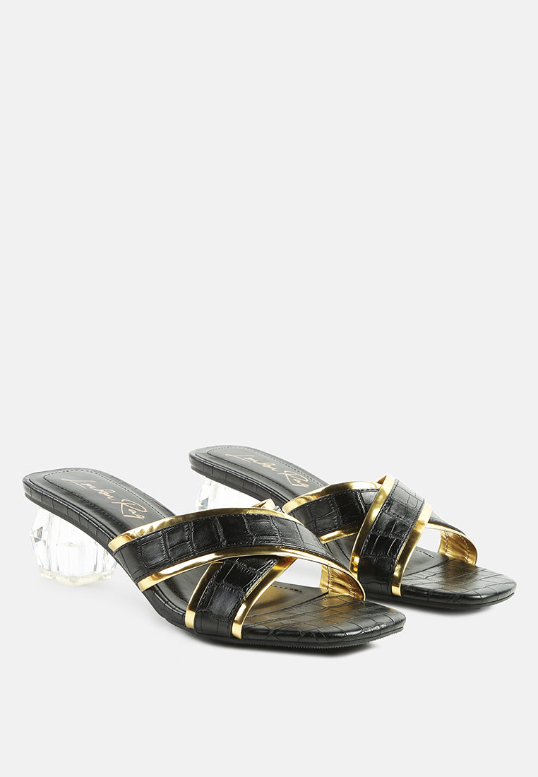 stellar gold line croc textured low heel sandals#color_black