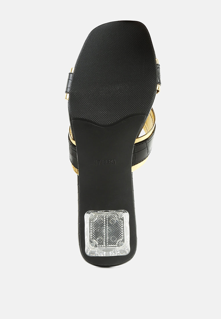 stellar gold line croc textured low heel sandals#color_black