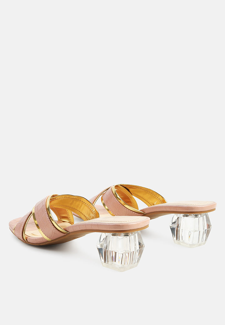 stellar gold line croc textured low heel sandals#color_pink