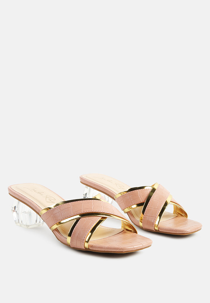 stellar gold line croc textured low heel sandals#color_pink
