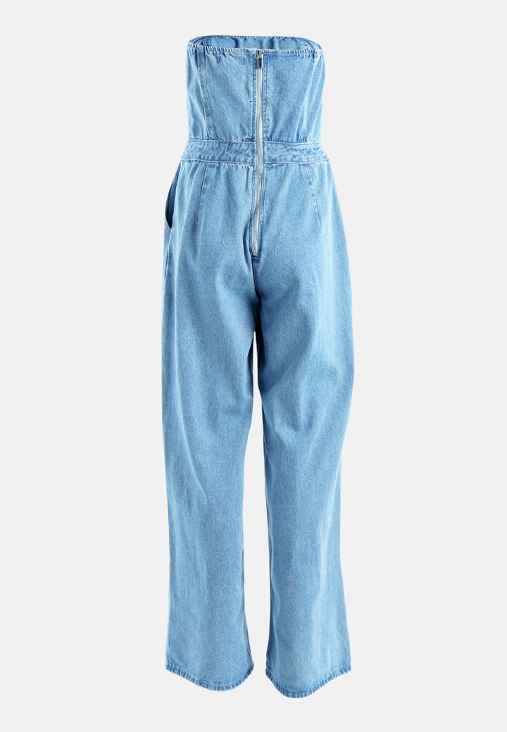 strapless back zipper denim jumpsuit#color_blue