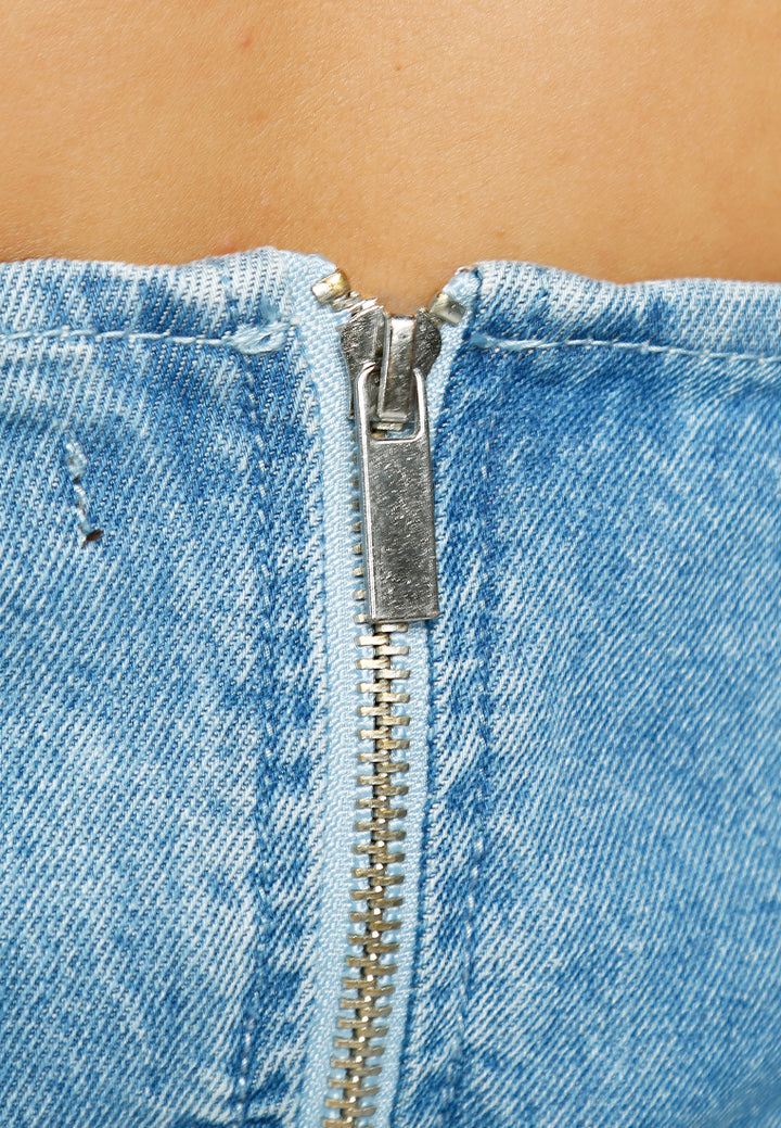 strapless back zipper denim jumpsuit#color_blue