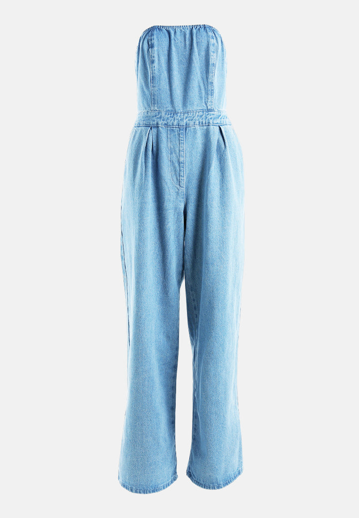 strapless back zipper denim jumpsuit#color_blue