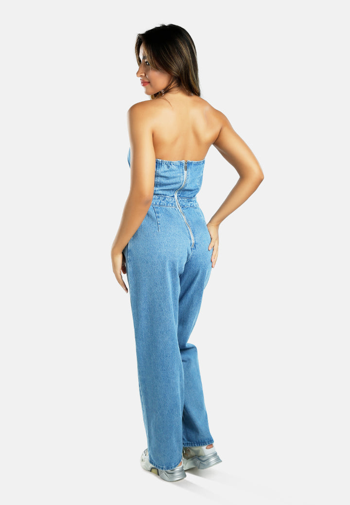 strapless back zipper denim jumpsuit#color_blue