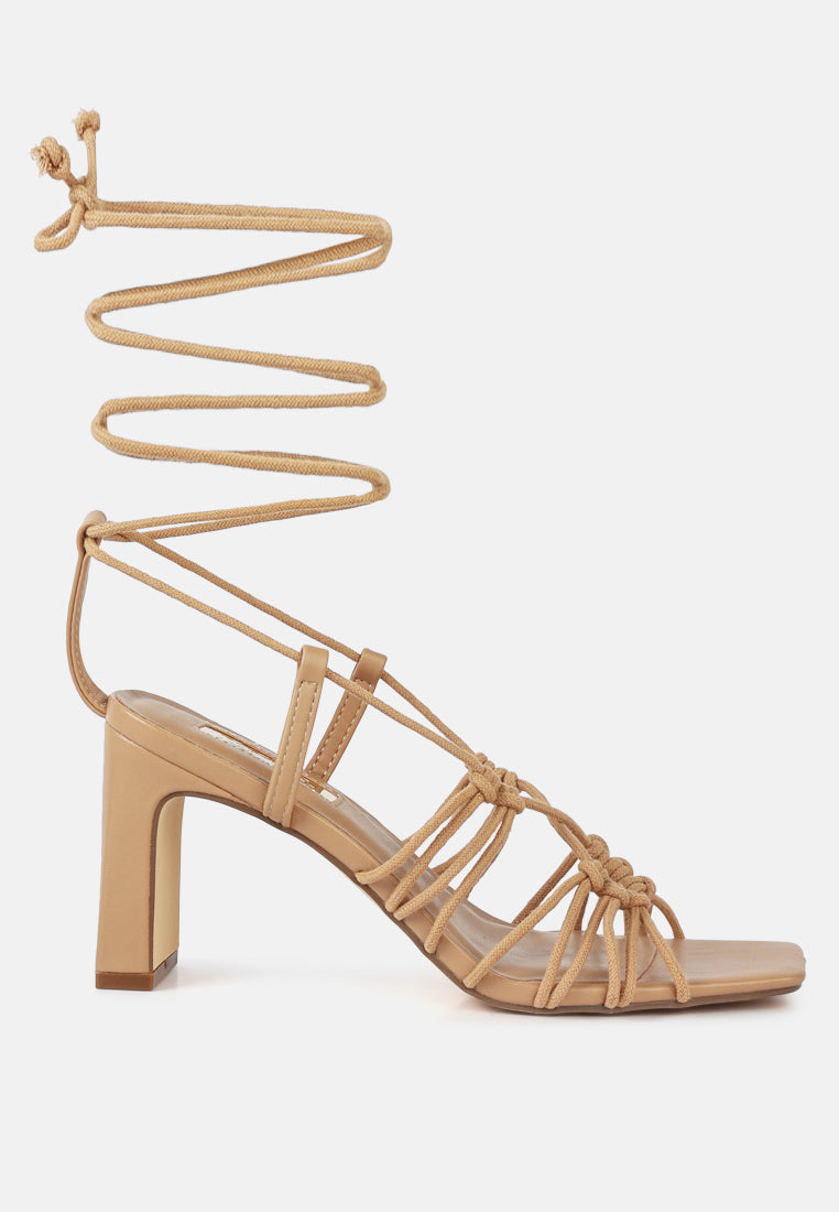 strings attach braided tie up block heel sandals#color_camel