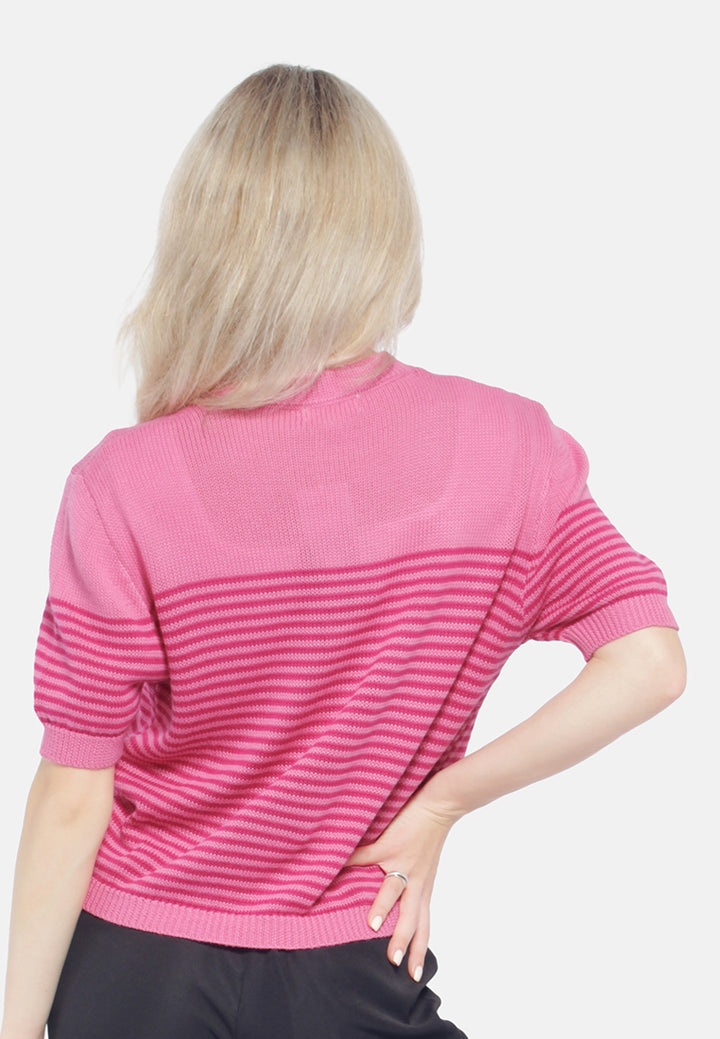 stripped crew neck casual top#color_pink