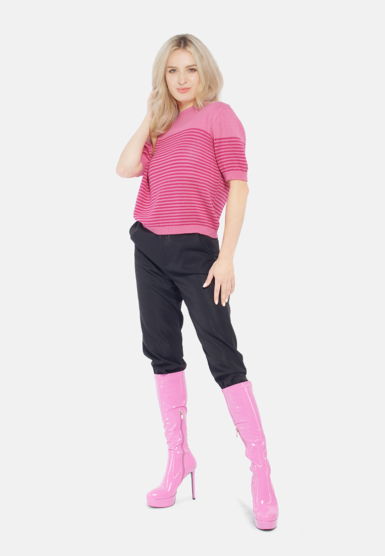 stripped crew neck casual top#color_pink
