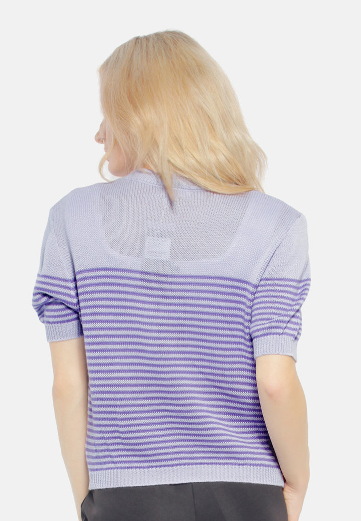 stripped crew neck casual top#color_purple