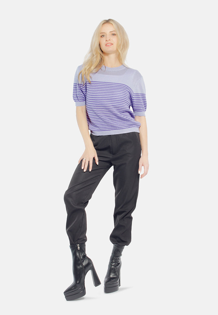 stripped crew neck casual top#color_purple