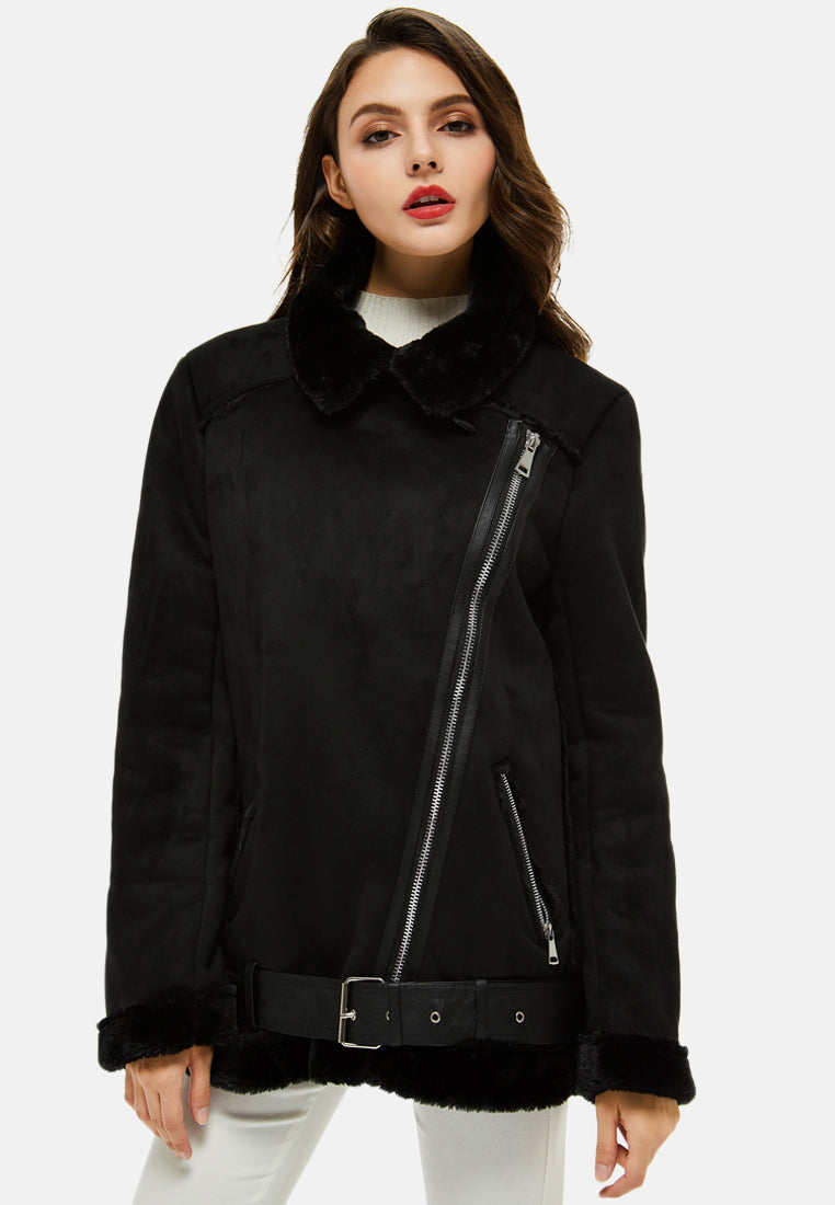 suede belted fur lined jacket#color_black