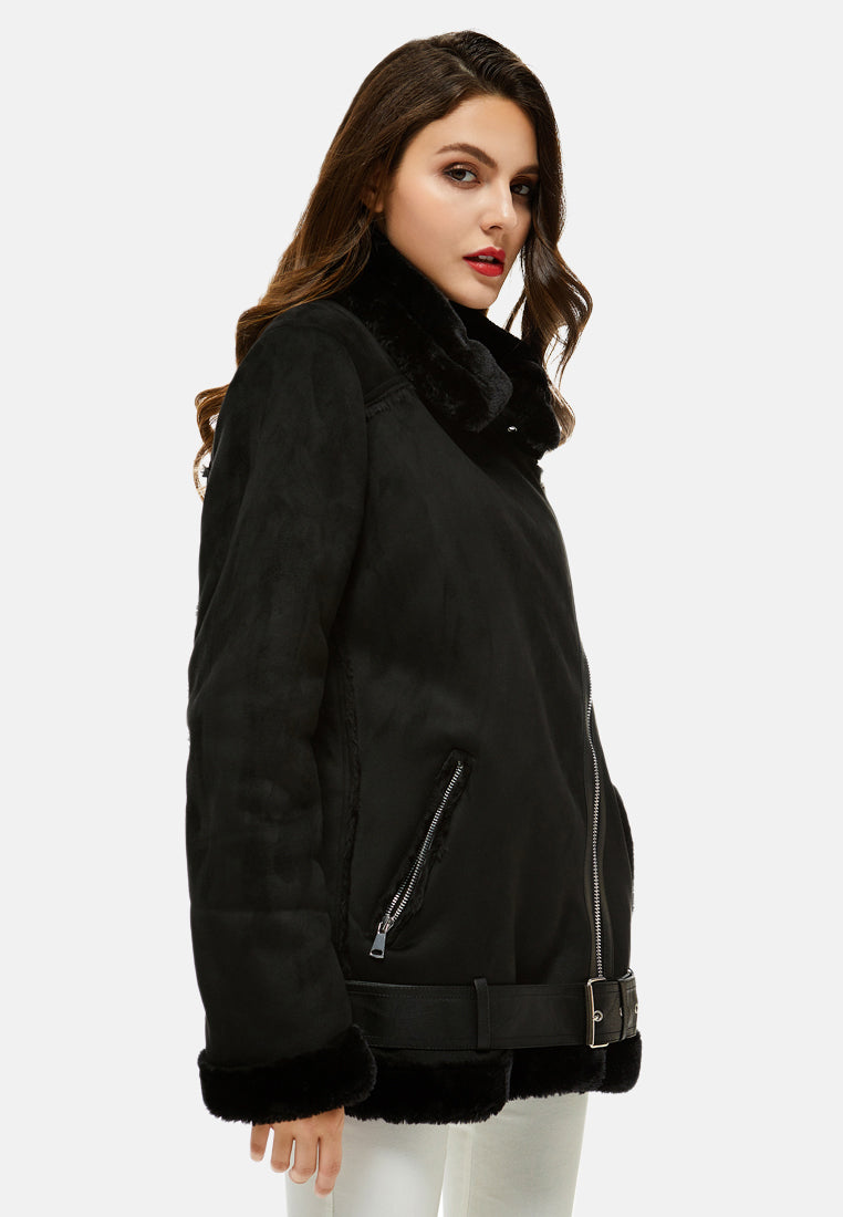suede belted fur lined jacket#color_black