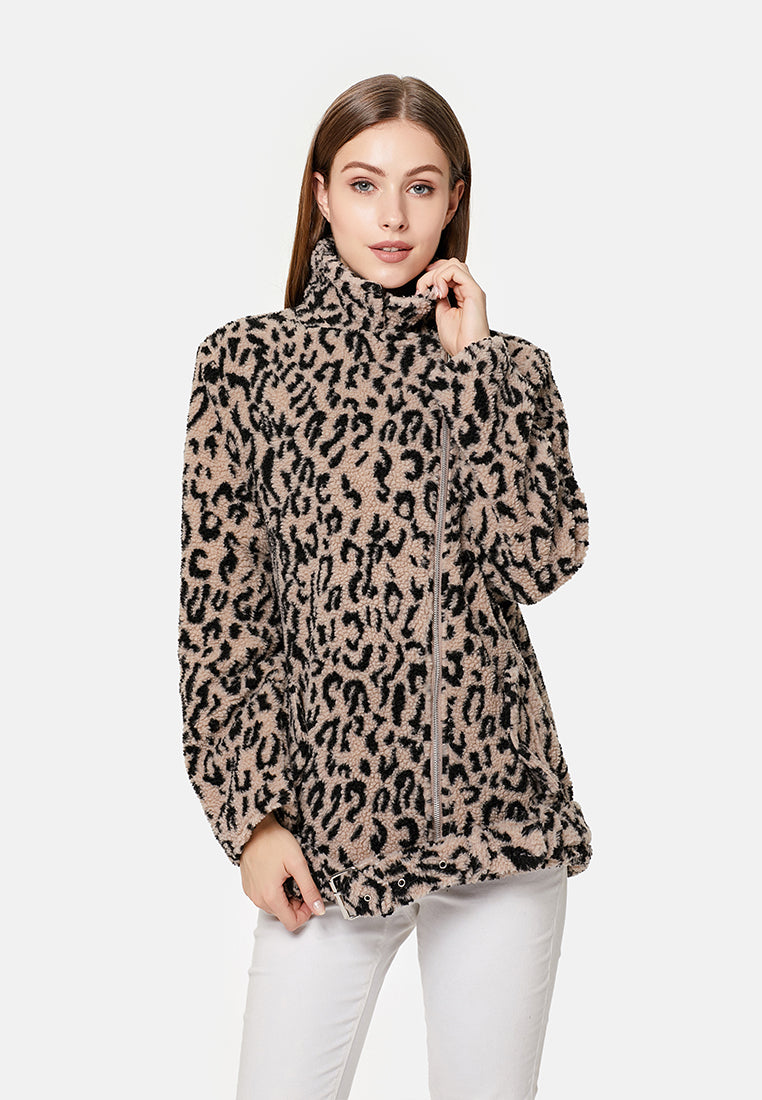 teddy faux fur belted jacket#color_camel-leopard