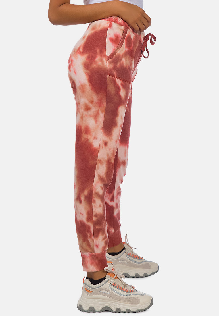tie dye print drawstring cuffed joggers#color_brown