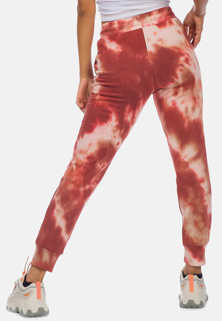 tie dye print drawstring cuffed joggers#color_brown