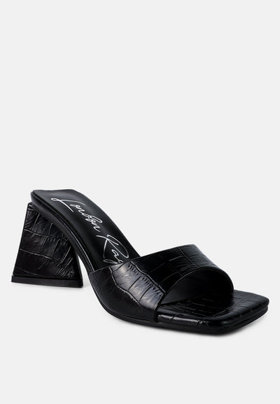 trinity triangle block heeled croc sandals#color_black