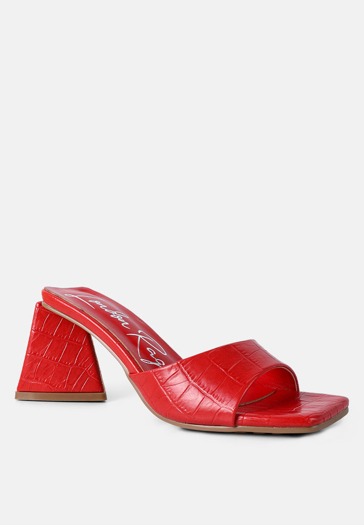 trinity triangle block heeled croc sandals#color_red
