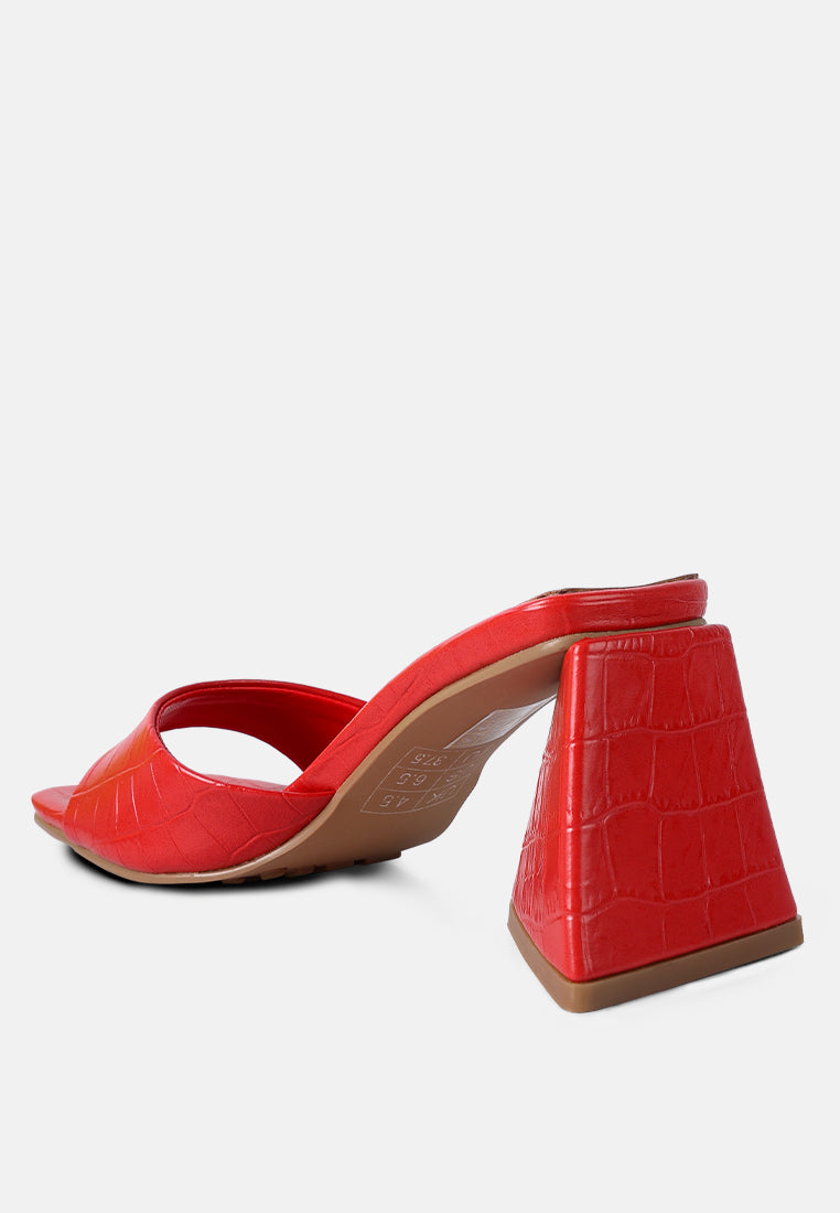 trinity triangle block heeled croc sandals#color_red