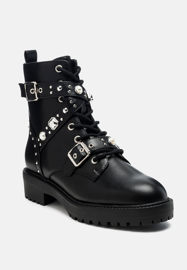 tucker studded strped lace-up biker boots#color_black