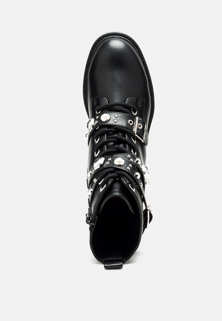 tucker studded strped lace-up biker boots#color_black