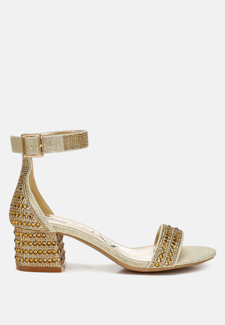 rhinestones embellished block sandals by ruw color_gold