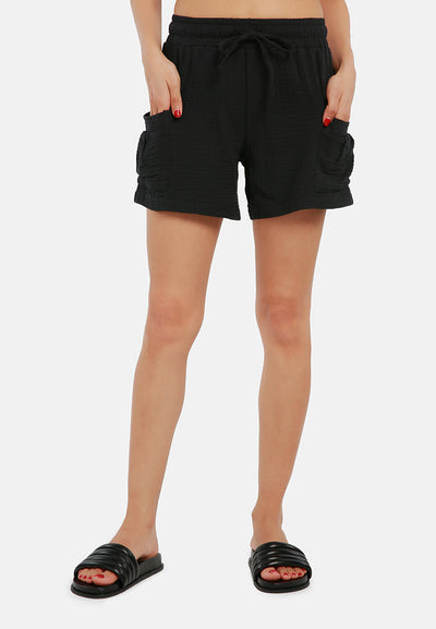 two pocket drawstring shorts#color_black