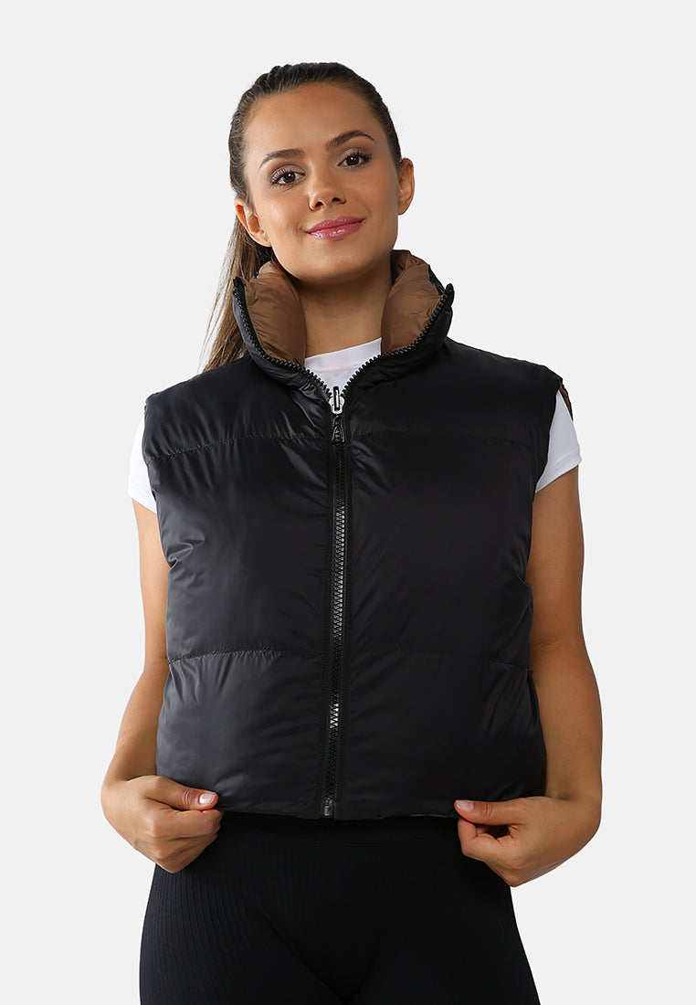 two way cropped sleeveless puffer jacket#color_black-stone