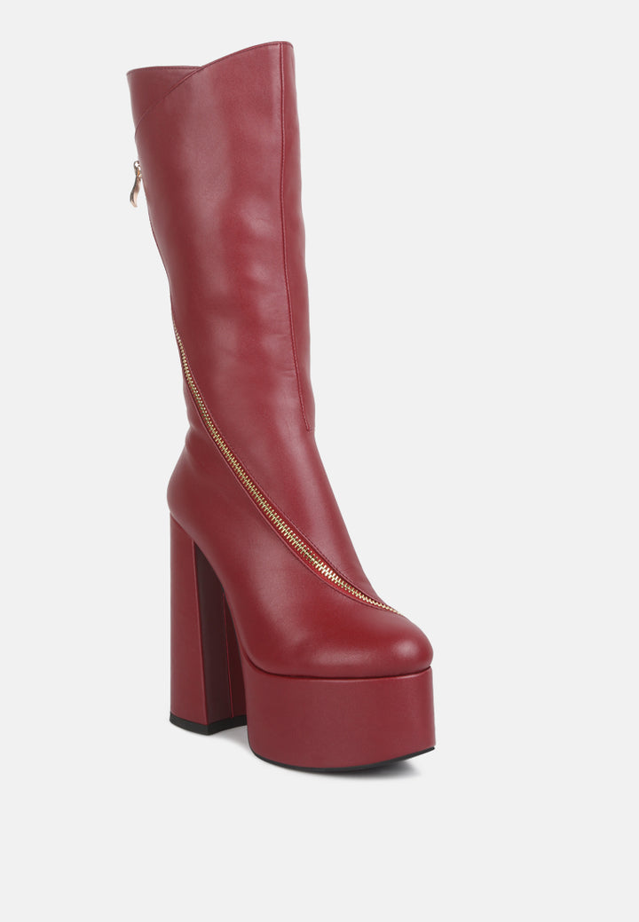 tzar faux leather high heeled platfrom calf boots#color_burgundy