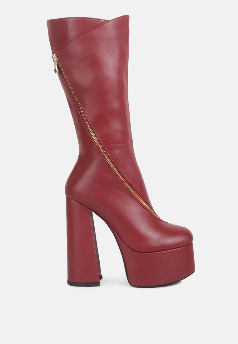 tzar faux leather high heeled platfrom calf boots#color_burgundy