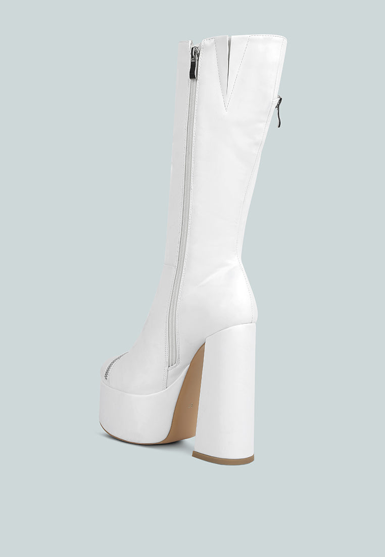 tzar faux leather high heeled platfrom calf boots#color_white