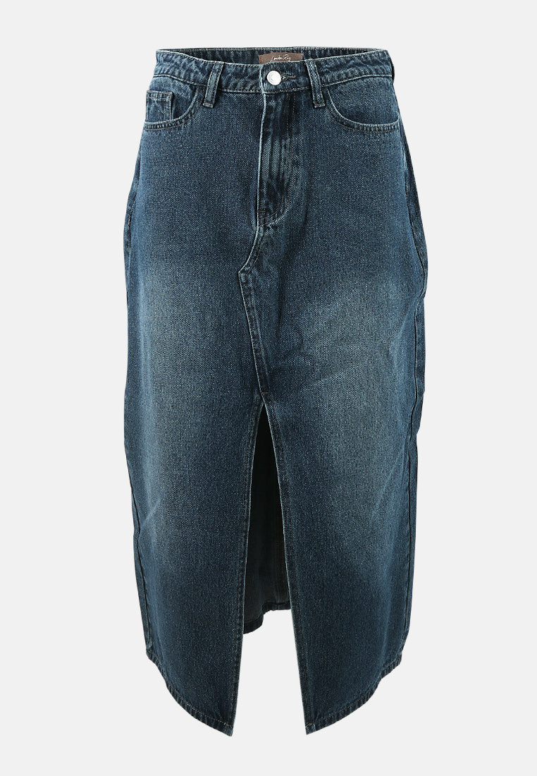 uber solid front slit denim skirt#color_mid-navy