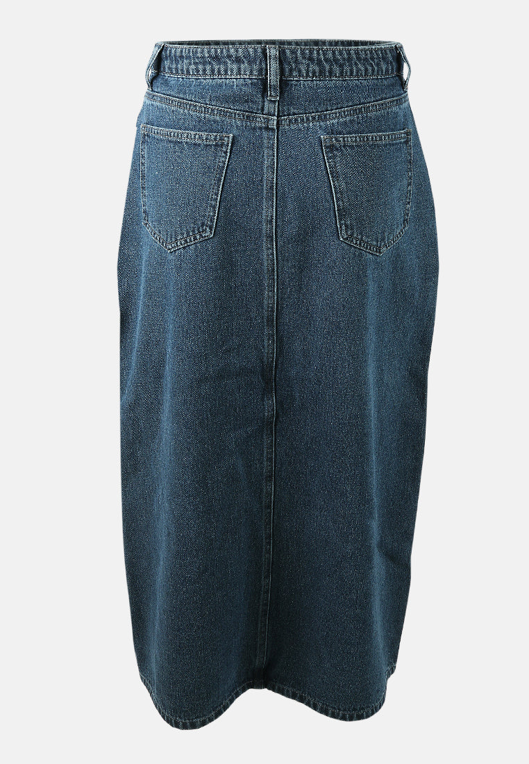 uber solid front slit denim skirt#color_mid-navy