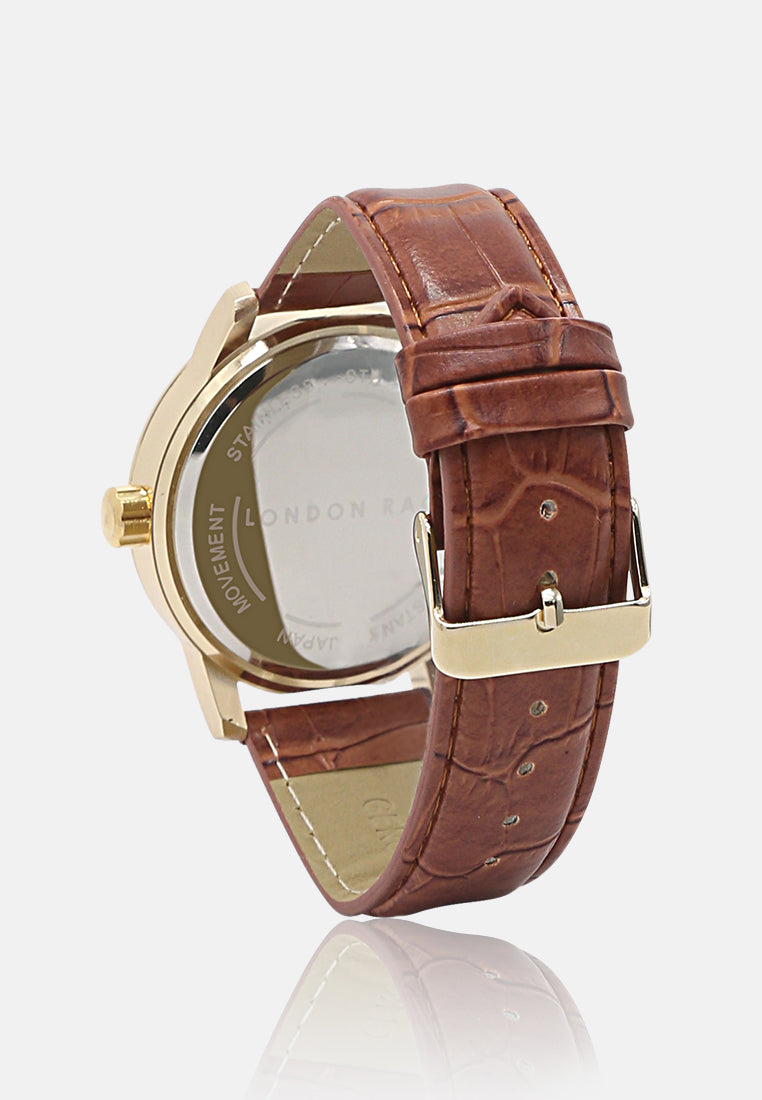 unisex brown casual watch with leather strap#color_brown